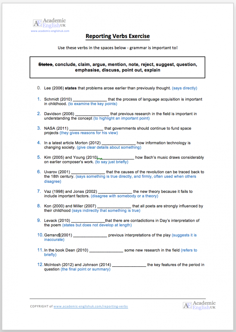 Reporting Verbs Printable Worksheets