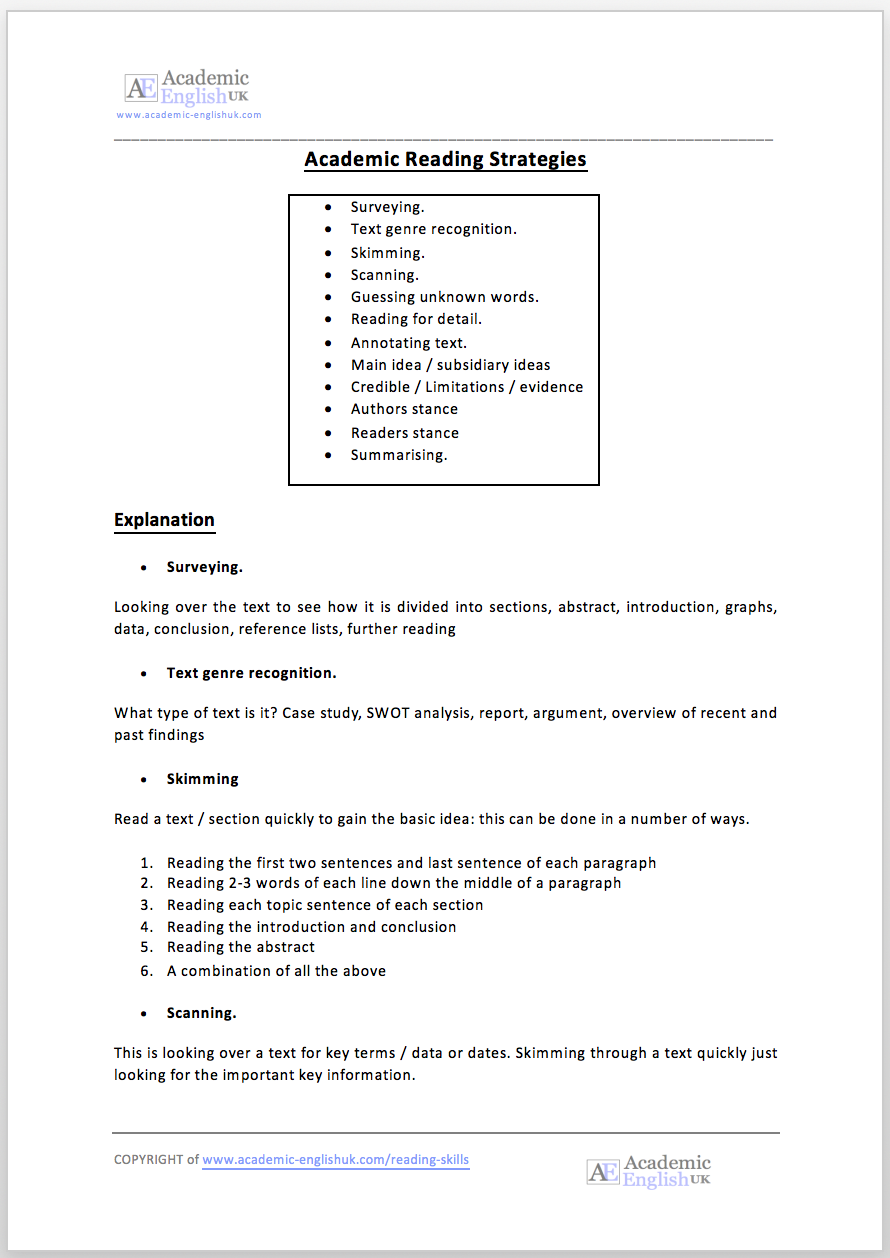 Reading Skills - Academic English Reading Lessons and worksheets
