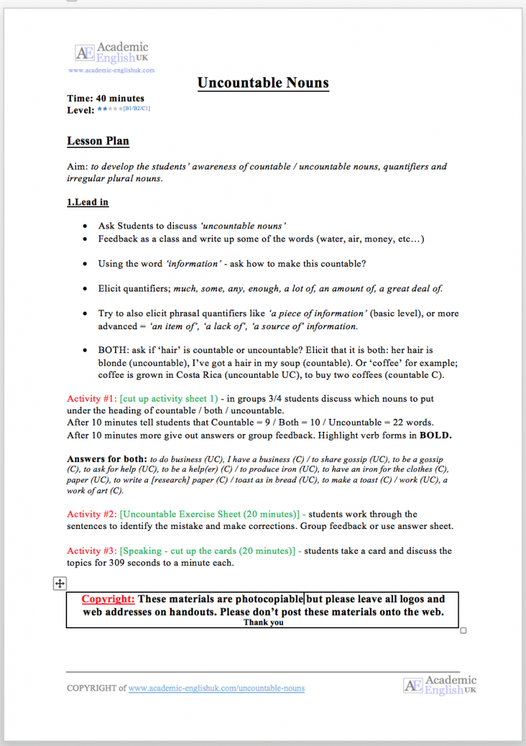 Uncountable nouns / countable nouns Academic English UK